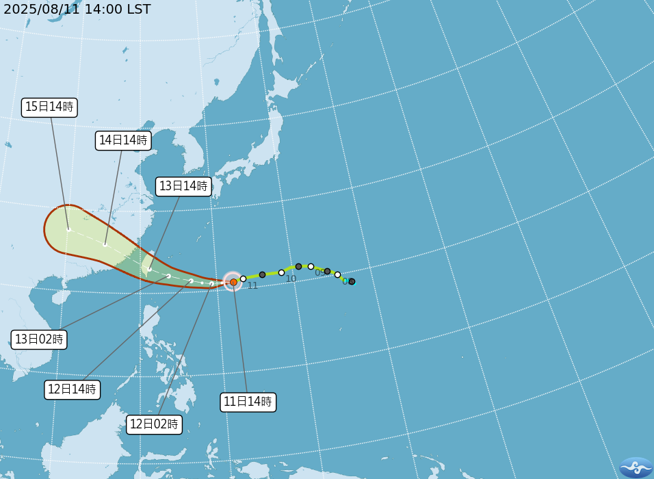 輕颱「楊柳」在各國預測颱風路徑的情況下，將會是一個「穿心颱」。（中央氣象署提供）