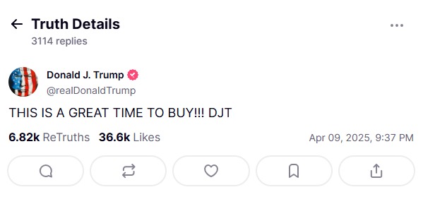 美國總統川普（Donald Trump）9日宣布關稅暫停90天前數小時發文，引發爭議。（翻攝自Truth Social）