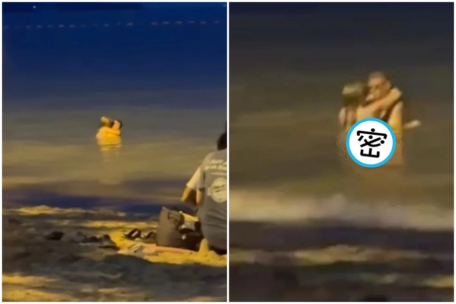 一對外國情侶在海中間做愛。（翻攝自Facebook@ท่านเปา）