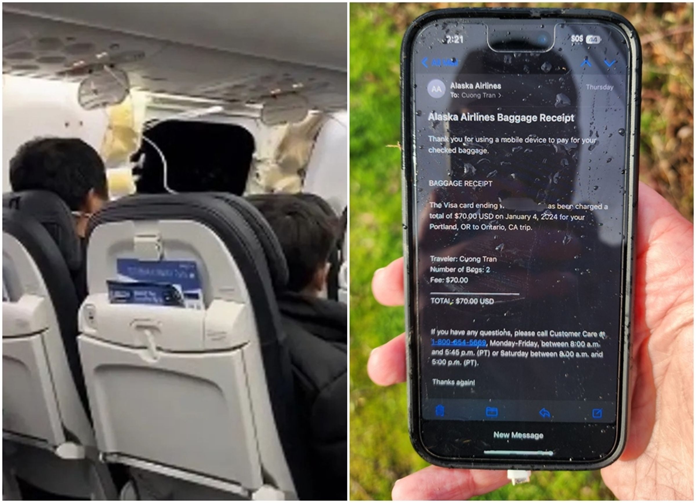 阿拉斯加航空5日起飛後在空中發生逃生門脫落,一名男子撿到從這台飛機掉落的iPhone。(翻攝自X平台、X平台@SeanSafyre)