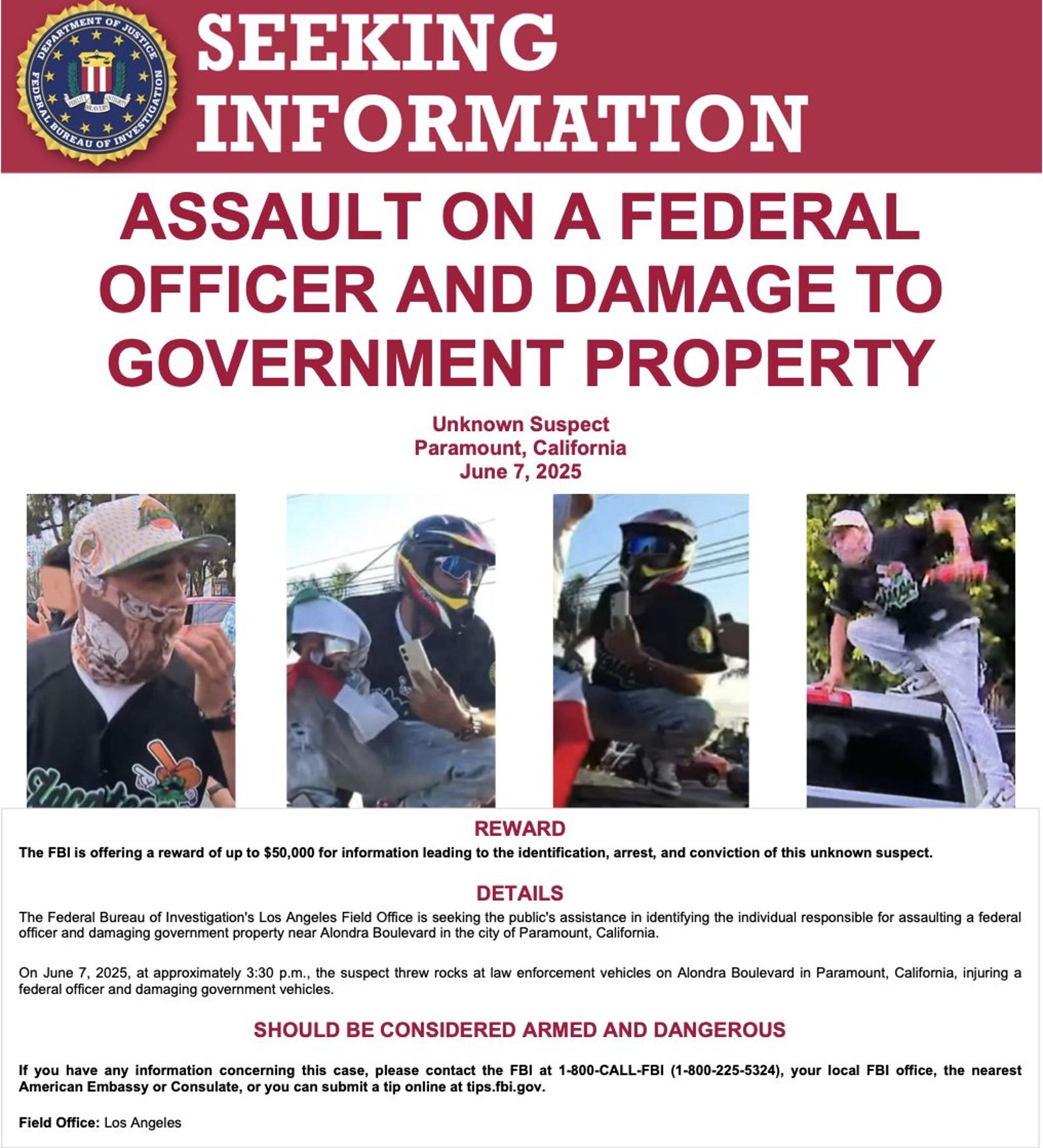 FBI發出通緝公告,該名嫌犯被列為「高度危險人物」。(翻攝X@FBILosAngeles)