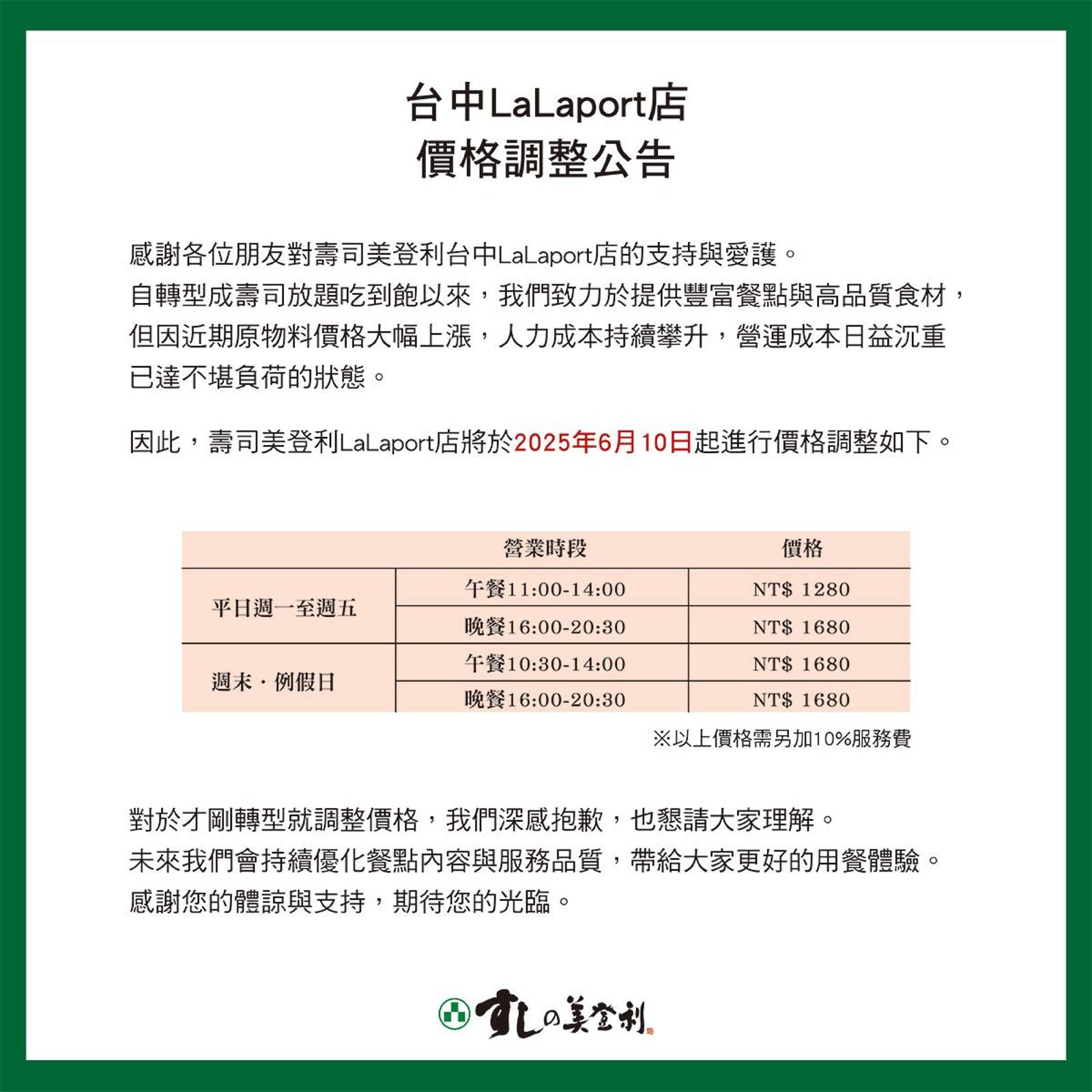 「美登利壽司」台中LaLaport分店轉型為壽司放題吃到飽不到兩個月,宣布最高調漲達500元。(翻攝自日本美登利壽司(台灣)臉書)