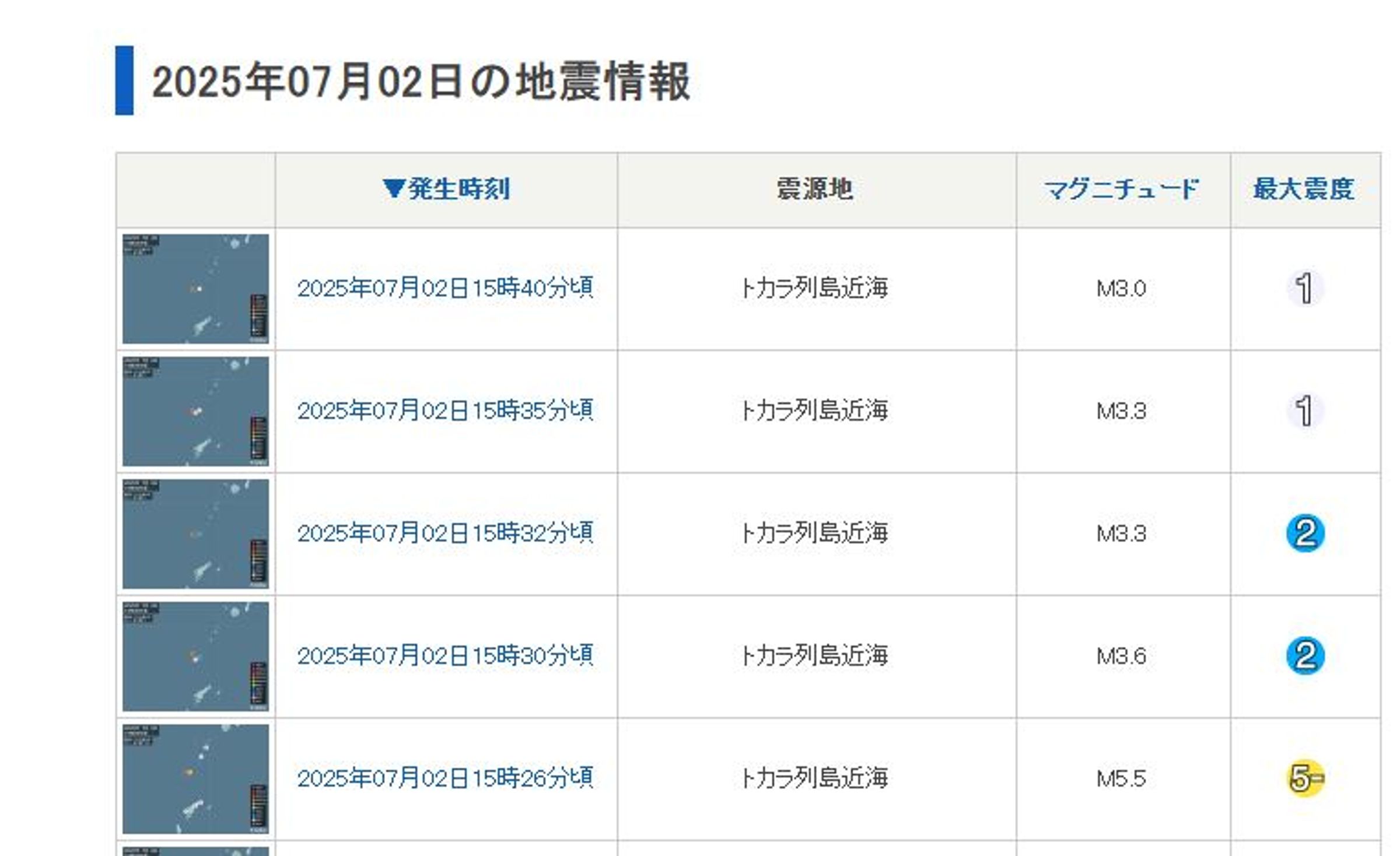 鹿兒島縣吐噶喇列島發生芮氏規模5.5的地震。(翻攝自tenki.jp)