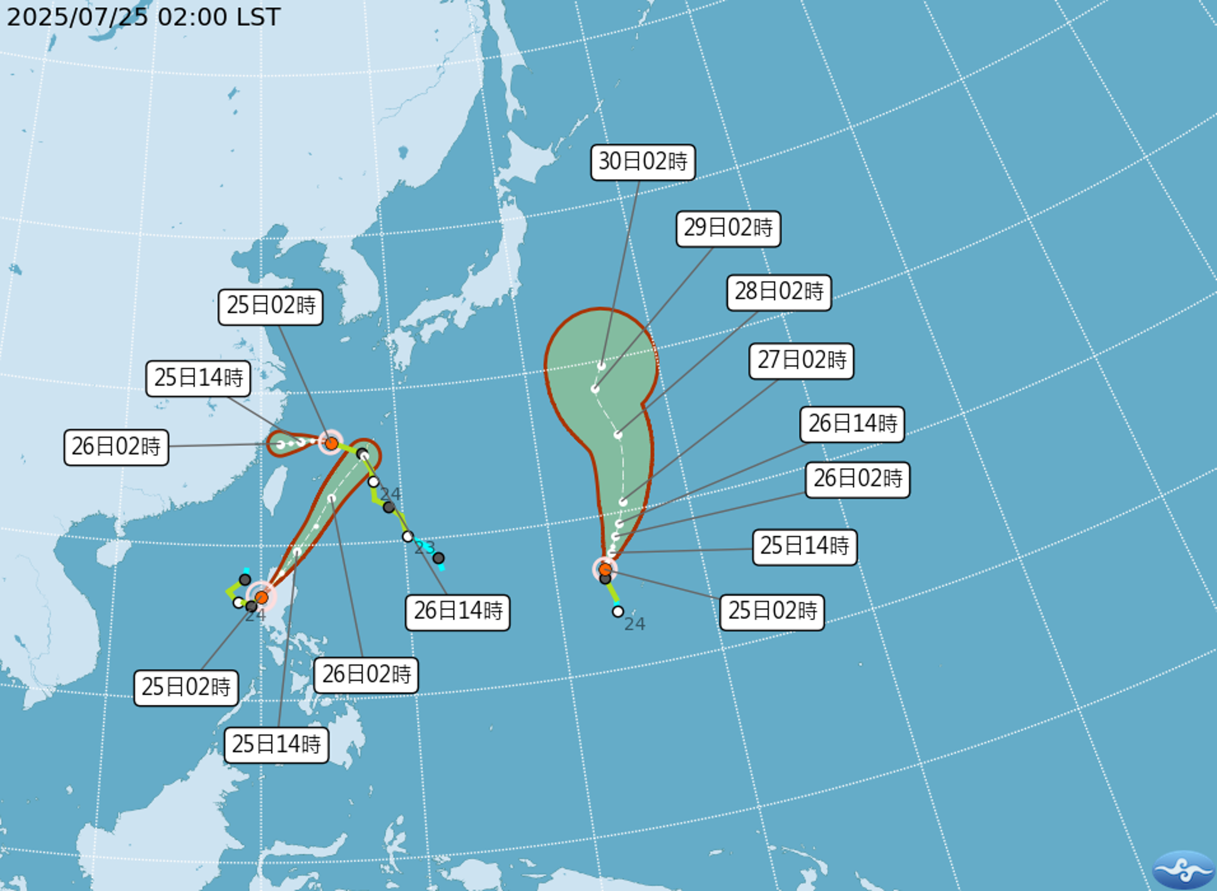 目前太平洋地區同時存在3個颱風。（中央氣象署提供）