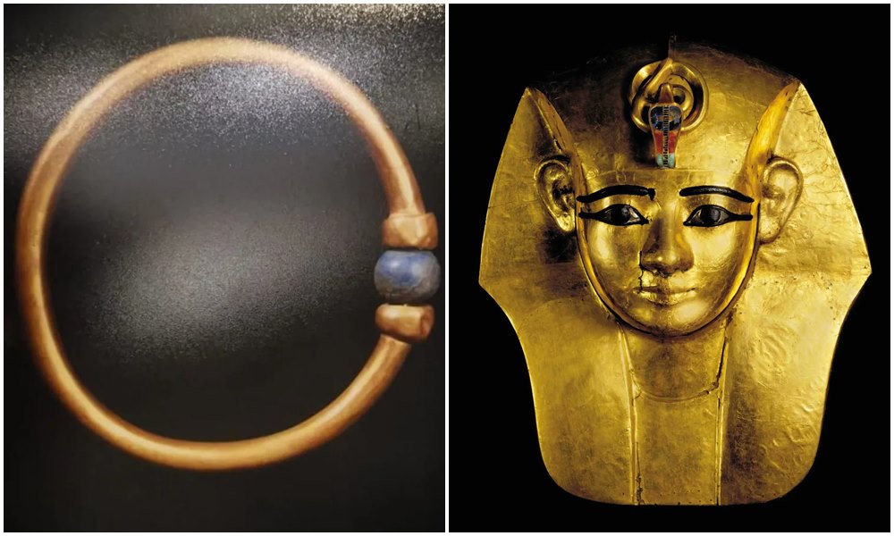 法老阿蒙艾莫佩（右）的黃金手鐲（左）驚傳失竊，如今找到竊賊，金手鐲已被熔毀，變成金塊。（翻攝Ministry of Tourism and Antiquities臉書、X@egyptomuseum）