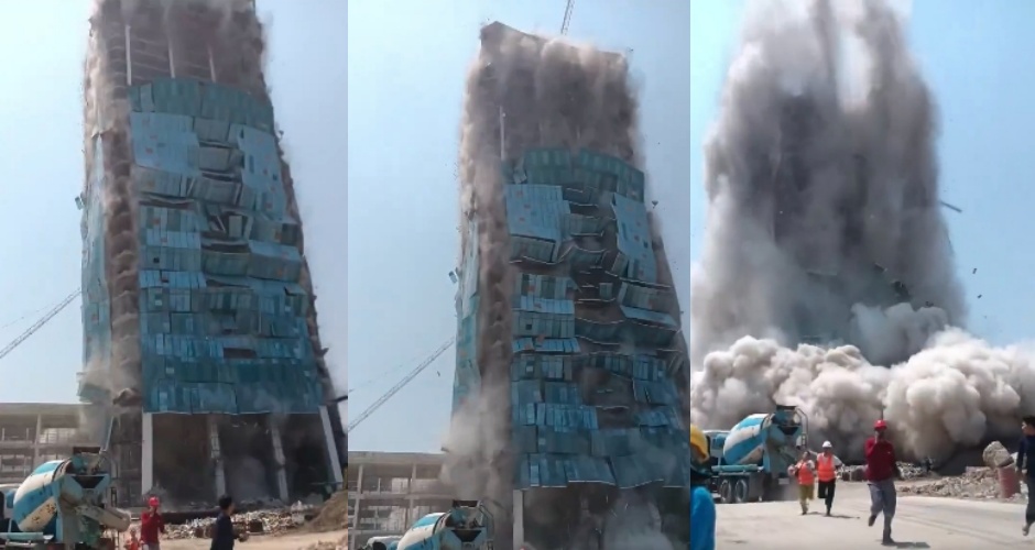 泰國曼谷一處正在施工的大樓不堪強震搖晃，瞬間整棟崩塌。（翻攝自X @ นี่แมวเองงงง）