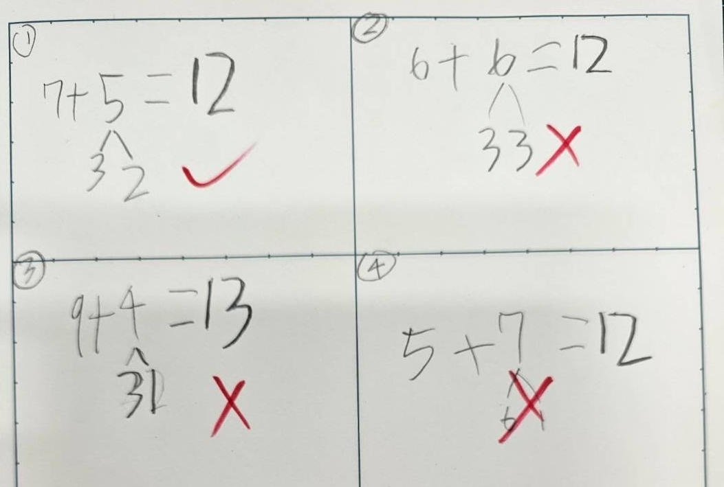 有位網友在社群Threads上po文求助，不解弟弟的小一數學題目「6+6（拆3、3）=12」為何被畫叉叉。（翻攝自Threads）