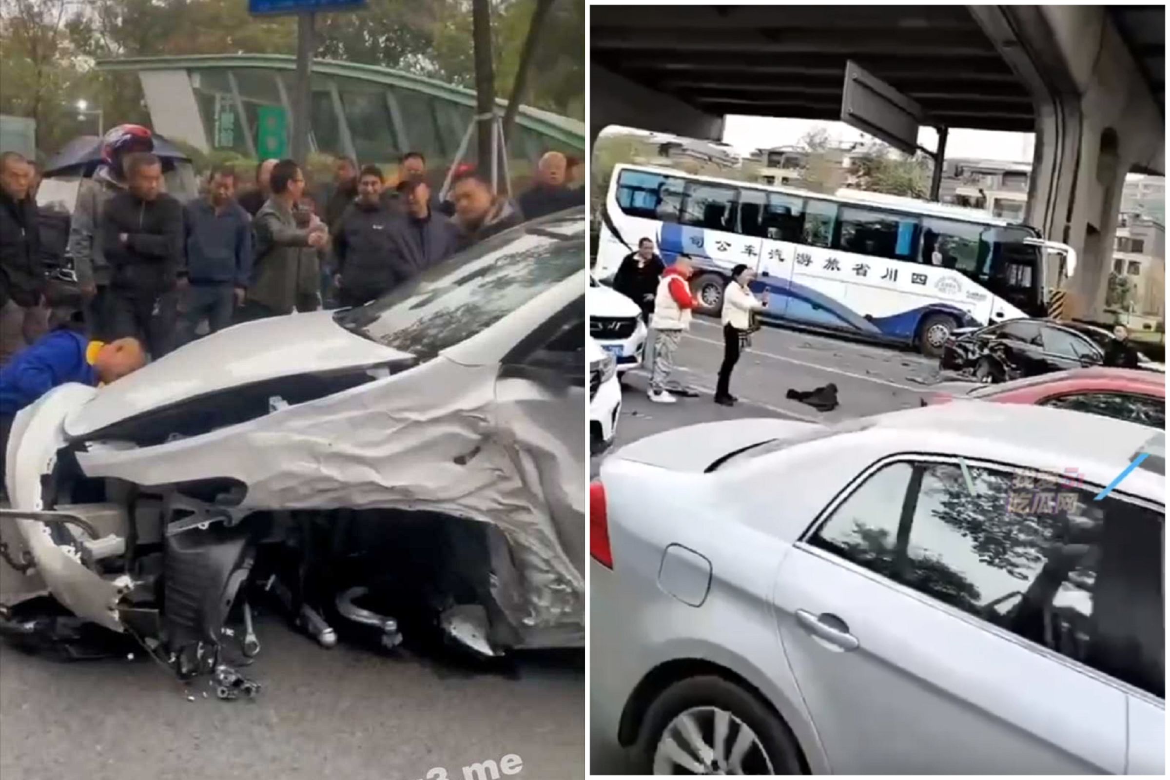 中國特斯拉變碰碰戰車?連撞11車誇張影片曝光,連警車都被撞爛。(翻自《51吃瓜網》)