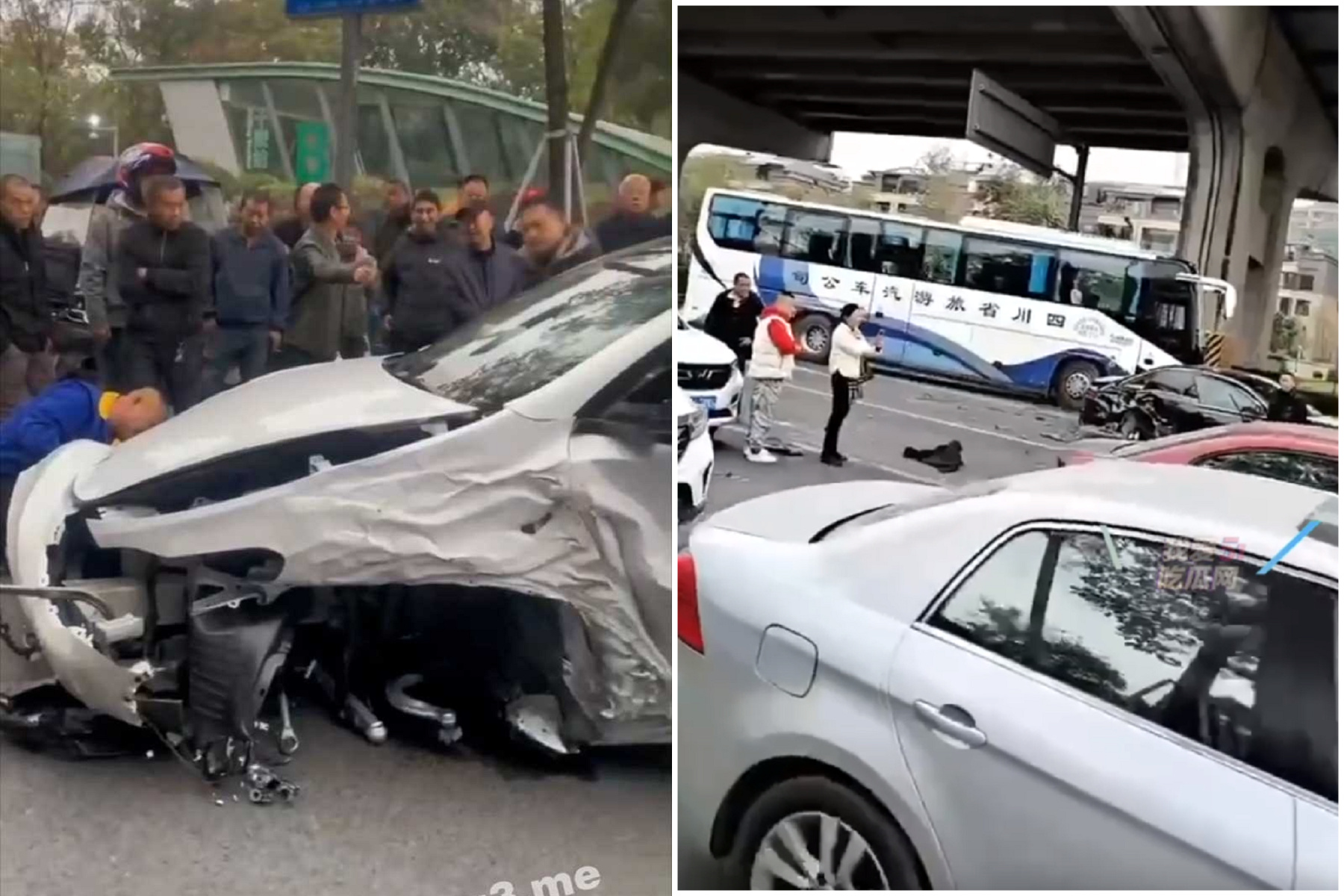 中國特斯拉變碰碰戰車？連撞11車誇張影片曝光，連警車都被撞爛。（翻自《51吃瓜網》）