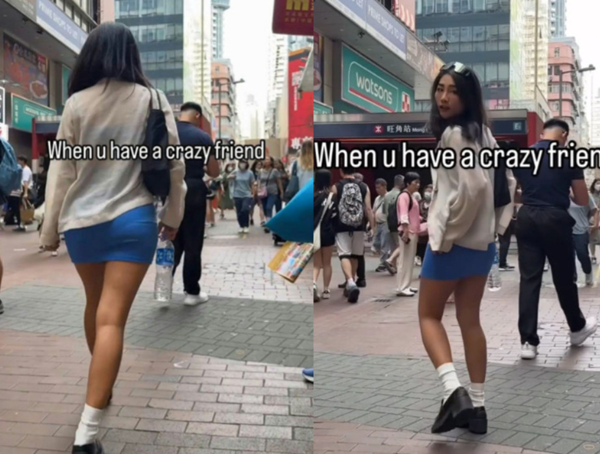 香港近日瘋傳一段年輕妹子公然在旺角地鐵站外掀裙的影片。(翻攝IG@3bunnybrownie6)