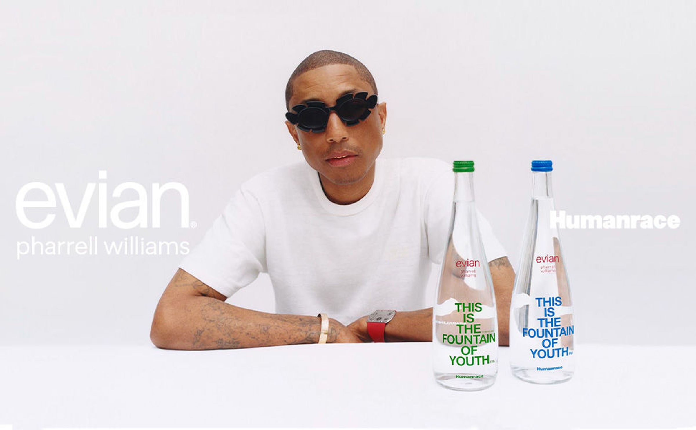 evian®依雲日前宣布與時尚icon菲瑞·威廉斯(Pharrell Williams)合作,推出2款聯名年度紀念玻璃瓶。(evian®依雲提供)
