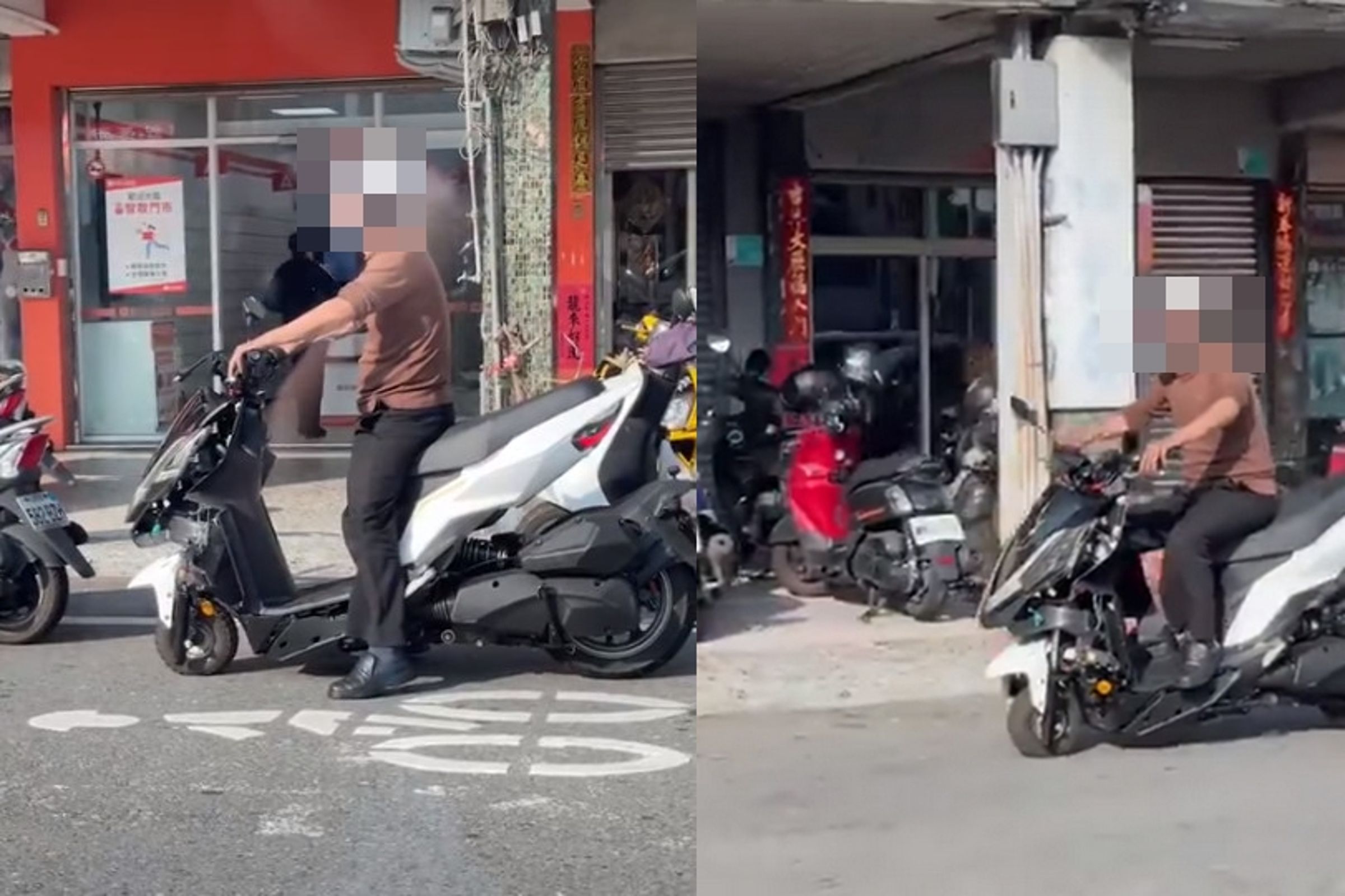 一名中年男子騎著改裝過的機車上路,前輪被換成迷你車輪,行車速度十分緩慢。(翻攝臉書社團《爆廢1公社》)