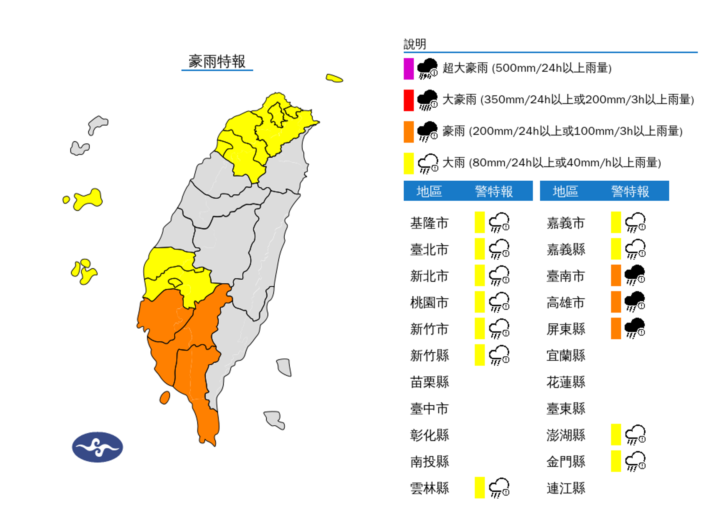 氣象署對14縣市發布豪雨特報。（中央氣象署提供）