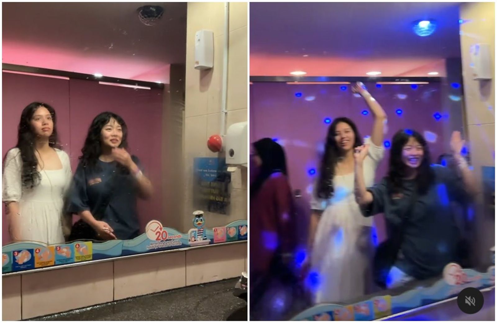 兩名台灣女子按下馬來西亞廁所裡的紅色按扭，結果廁所秒變夜店。（翻攝whaatis.it Threads）