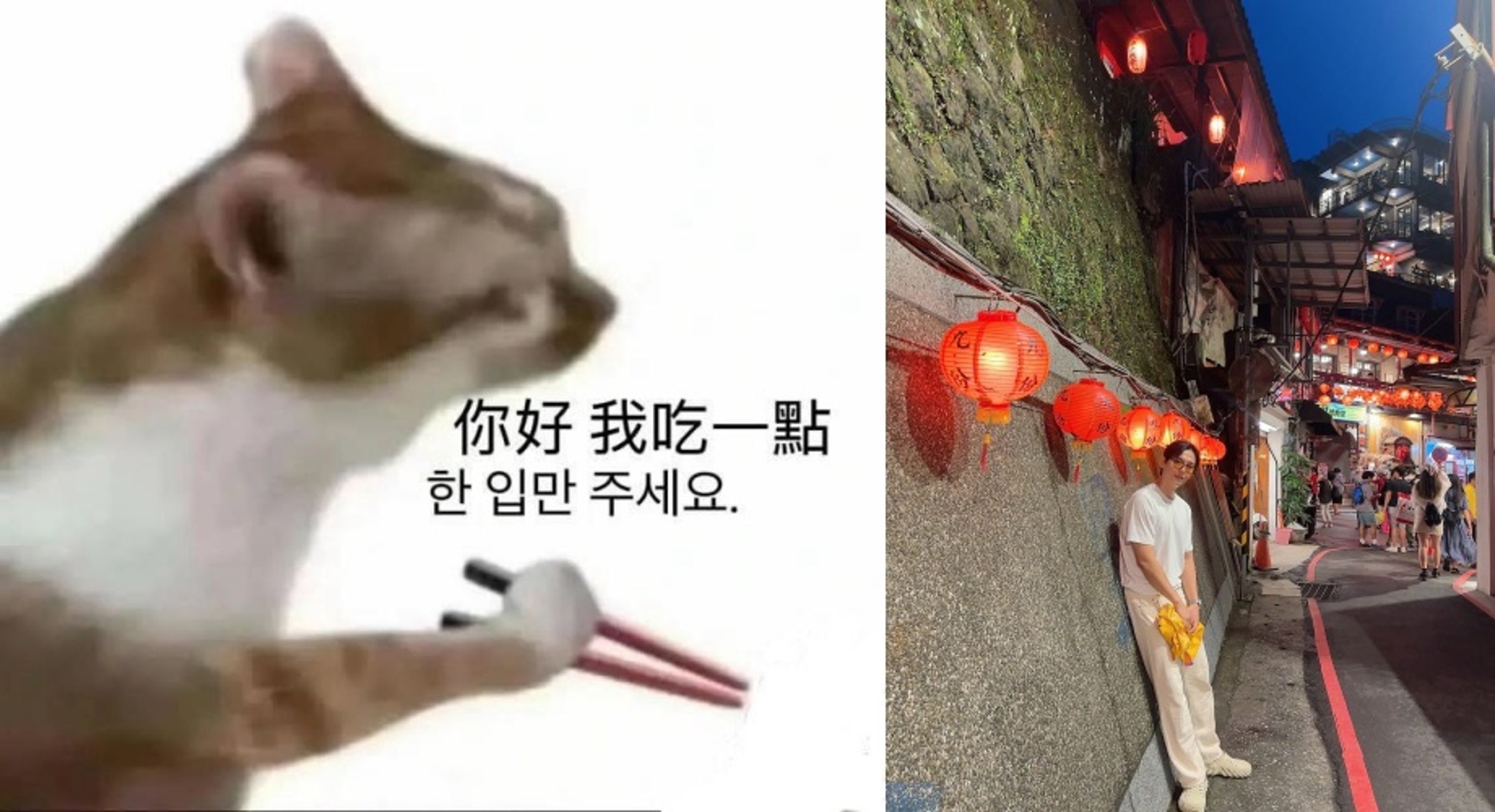 韓國網友(右)貼出台灣旅遊美照,留言區卻被「筷子貓」哏圖洗版。(翻攝自Threads)