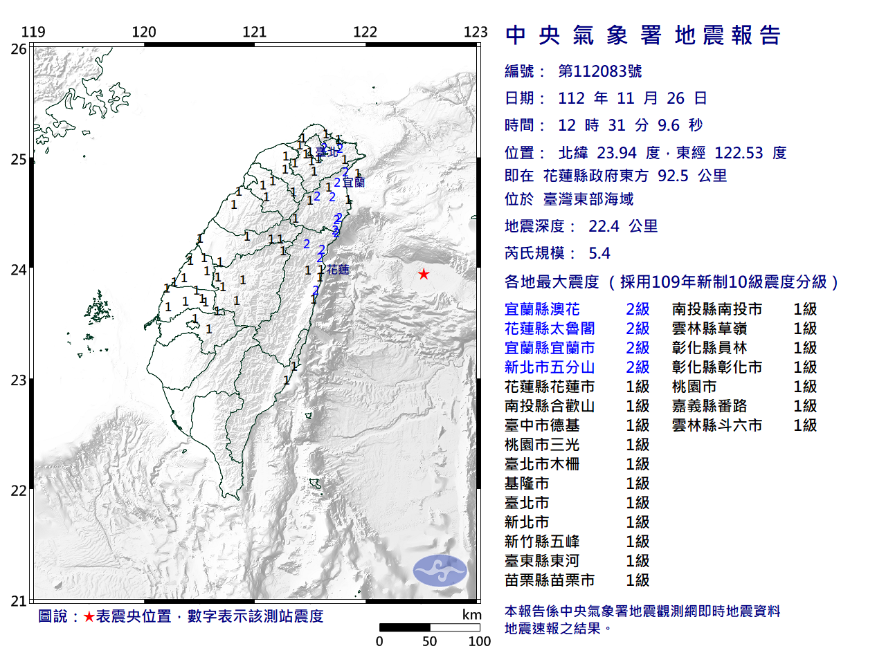 東部外海26日12時31分發生極淺層地震。（取自中央氣象署官網）