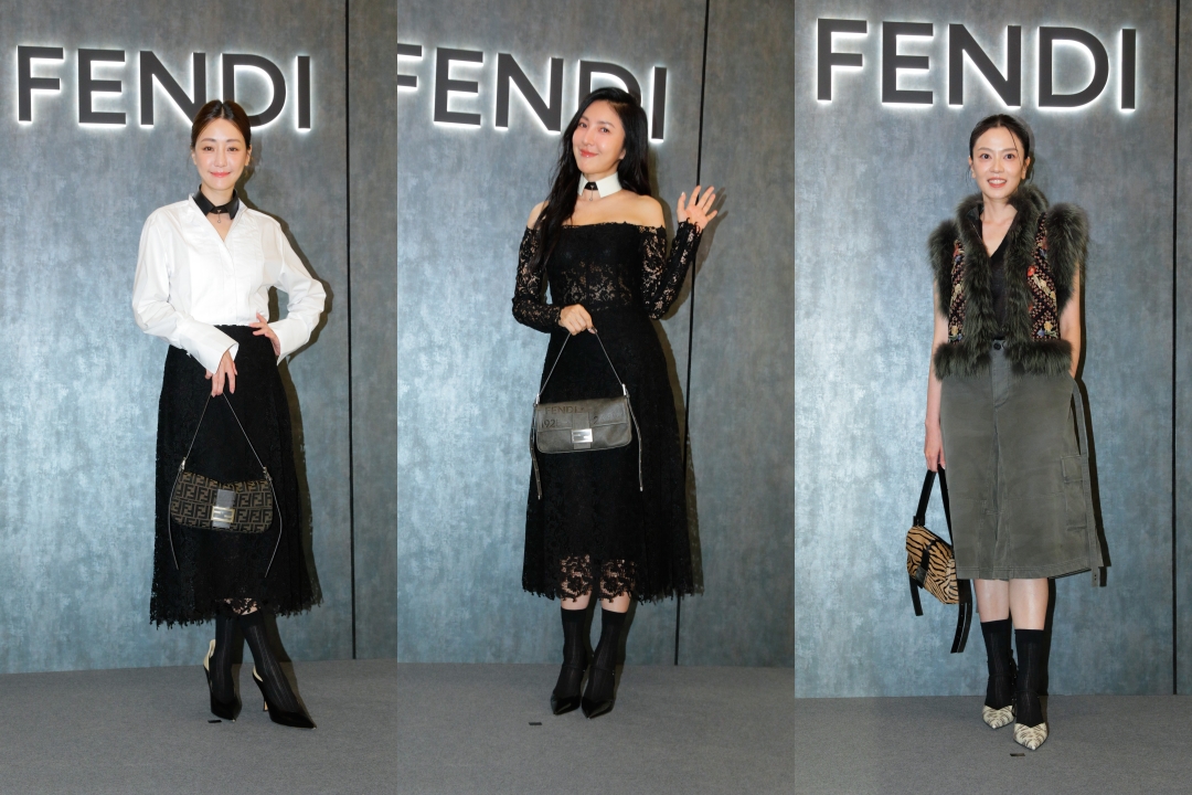 (左起)謝欣穎、楊謹華、喻虹淵出席FENDI 2026-27秋冬系列台北101精品店上市酒會。(蕭志傑攝)