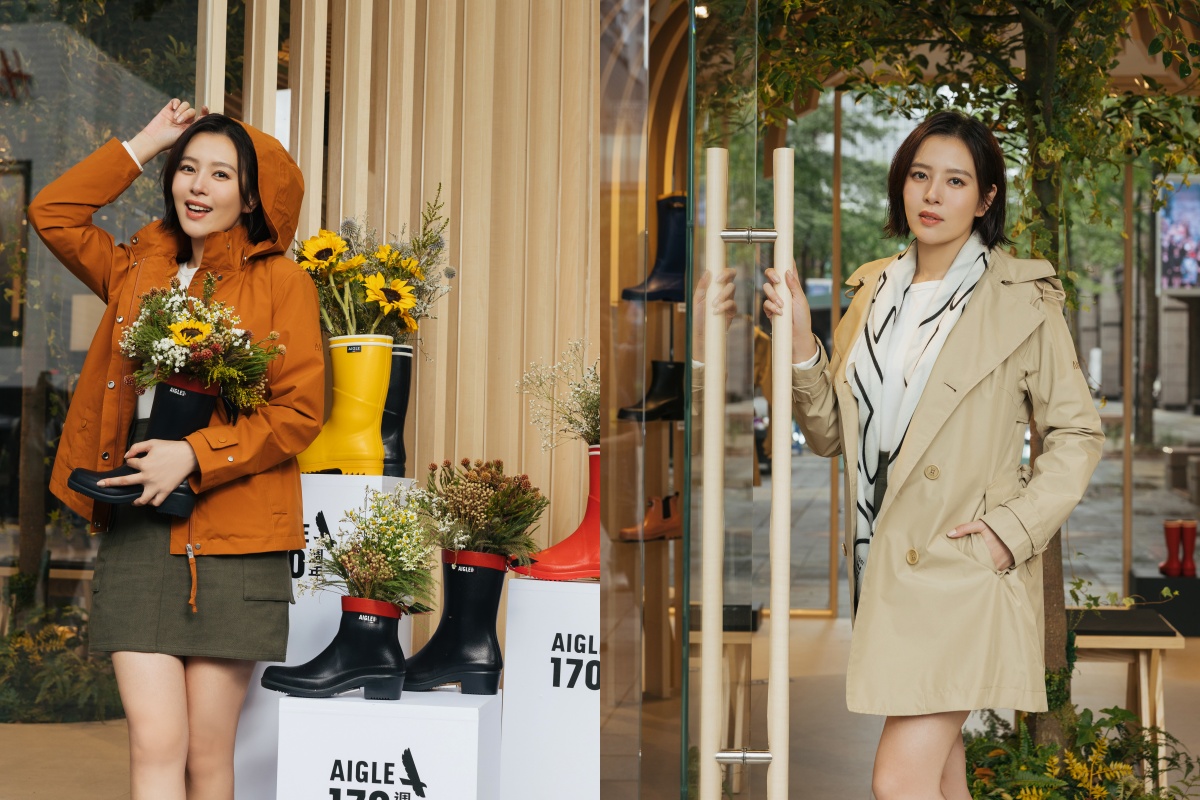 劉品言換穿兩套衣服，為AIGLE快閃點示範新裝。（偉盟國際提供）