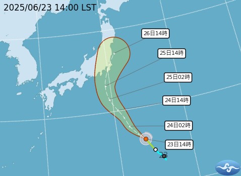 第2號颱風「聖帕」將往日本關東移動，對台灣並影響；該圖為昨日的預報圖。（翻攝自中央氣象署官網）
