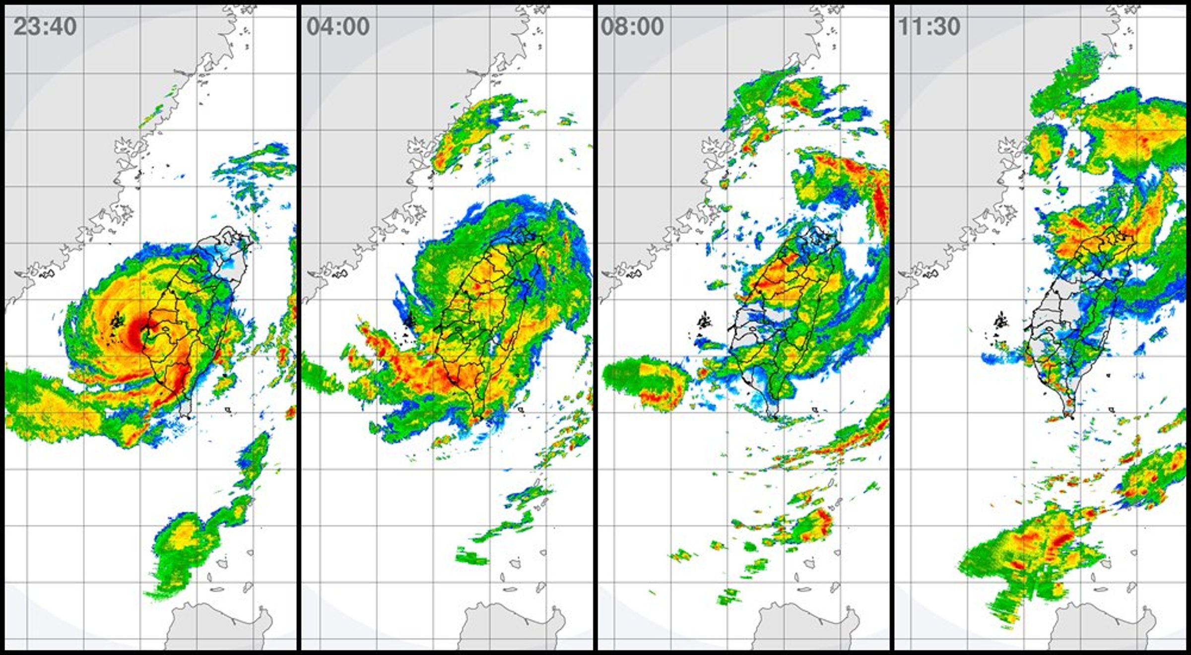 雷達回波圖紀錄丹娜絲登陸台灣過程。23:40自嘉義布袋登陸後,颱風一路橫掃本島中部,04:00左右中心結構明顯鬆散,至08:00暴風圈解體,11:30時已轉為破碎雲團,顯示典型「撞中央山脈削弱」路徑。(中央氣象署提供)