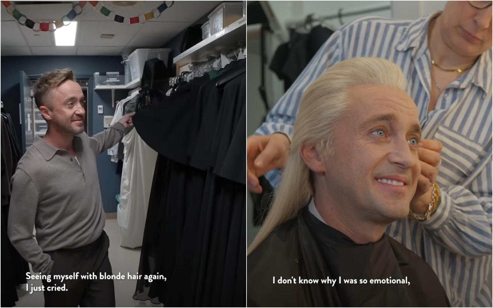 湯姆費爾頓重新戴上跩哥馬份的招牌金髮，他情緒激動不禁落淚。（翻攝自Instagram @cursedchildus）