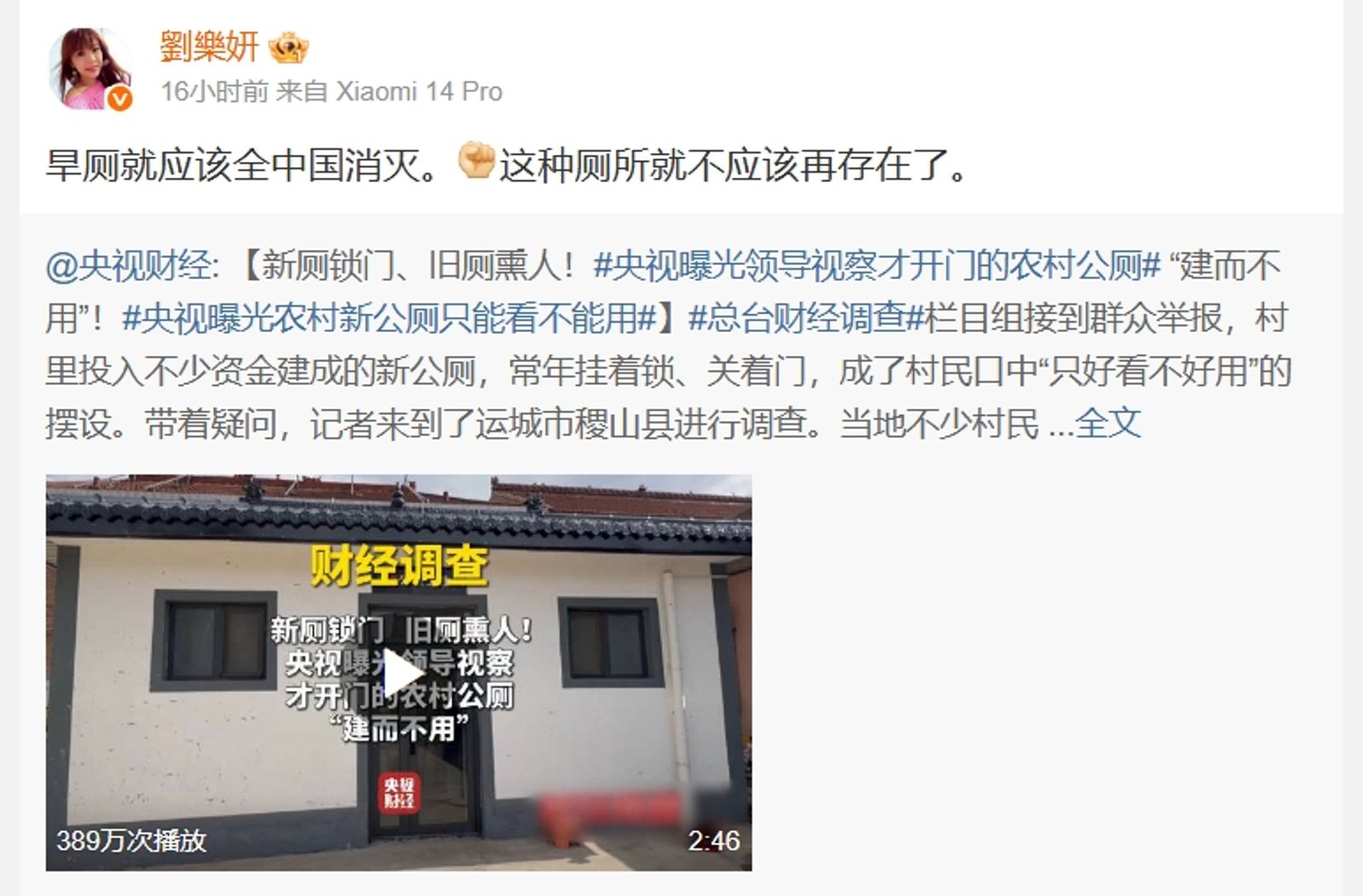 劉樂妍批評「旱廁」應該從中國被消滅,反而被其他中國網友打臉。(翻攝自劉樂妍微博)