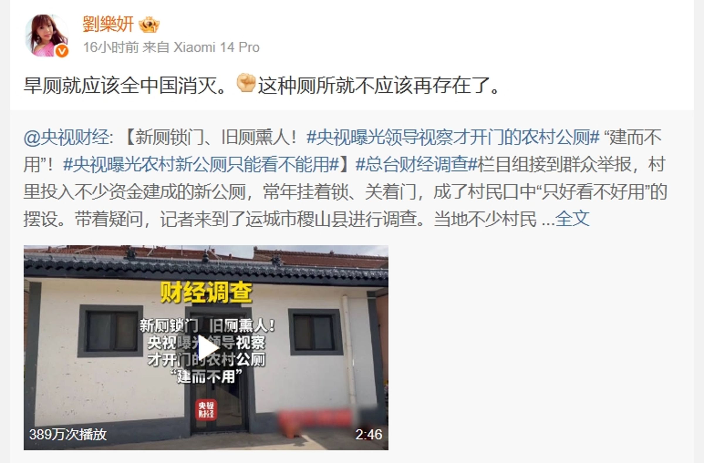 劉樂妍批評「旱廁」應該從中國被消滅，反而被其他中國網友打臉。（翻攝自劉樂妍微博）