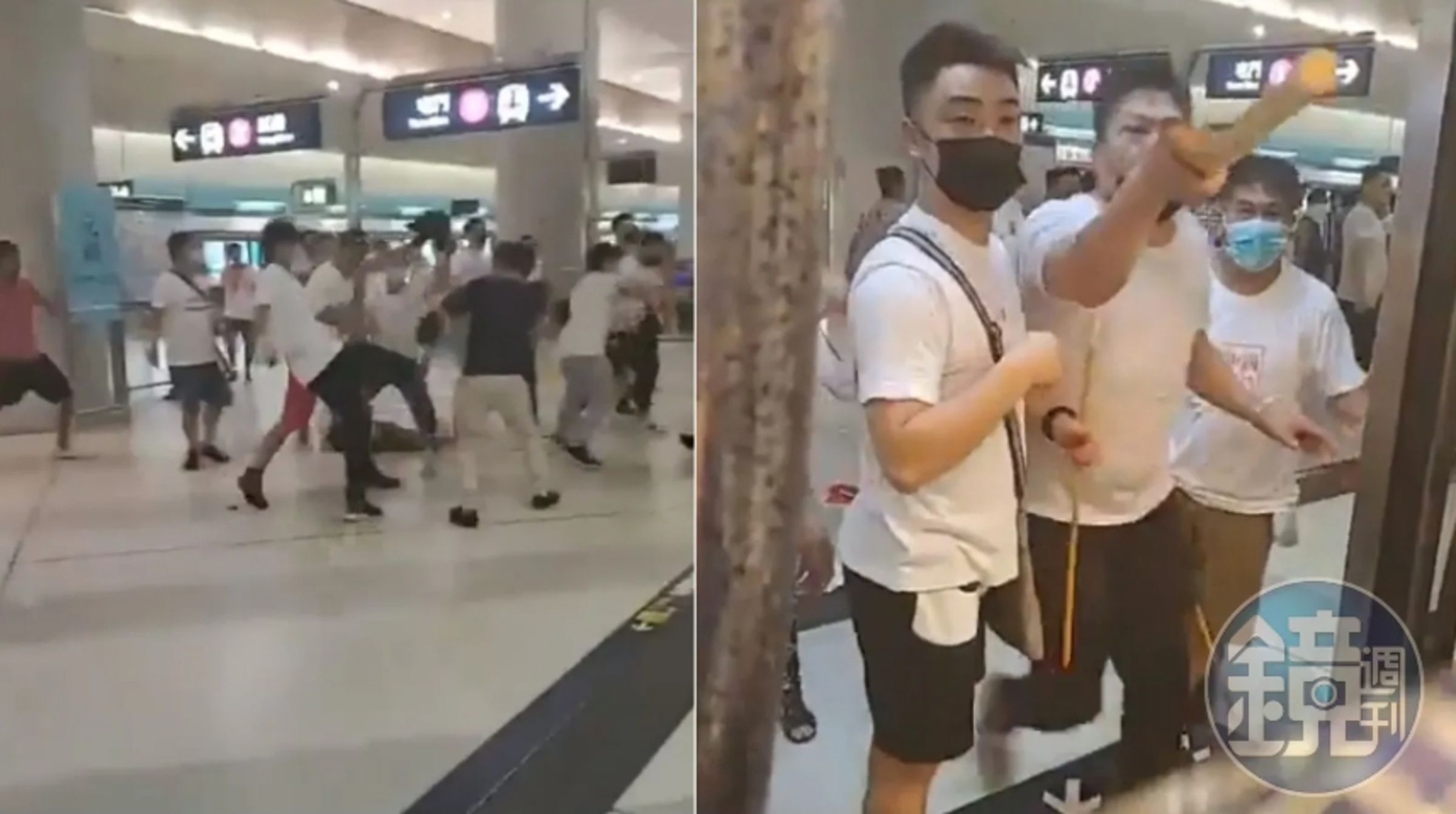 多數具有黑道背景的白衣人,持木棍、藤條在港鐵站追打民眾。(翻攝自林卓廷臉書)