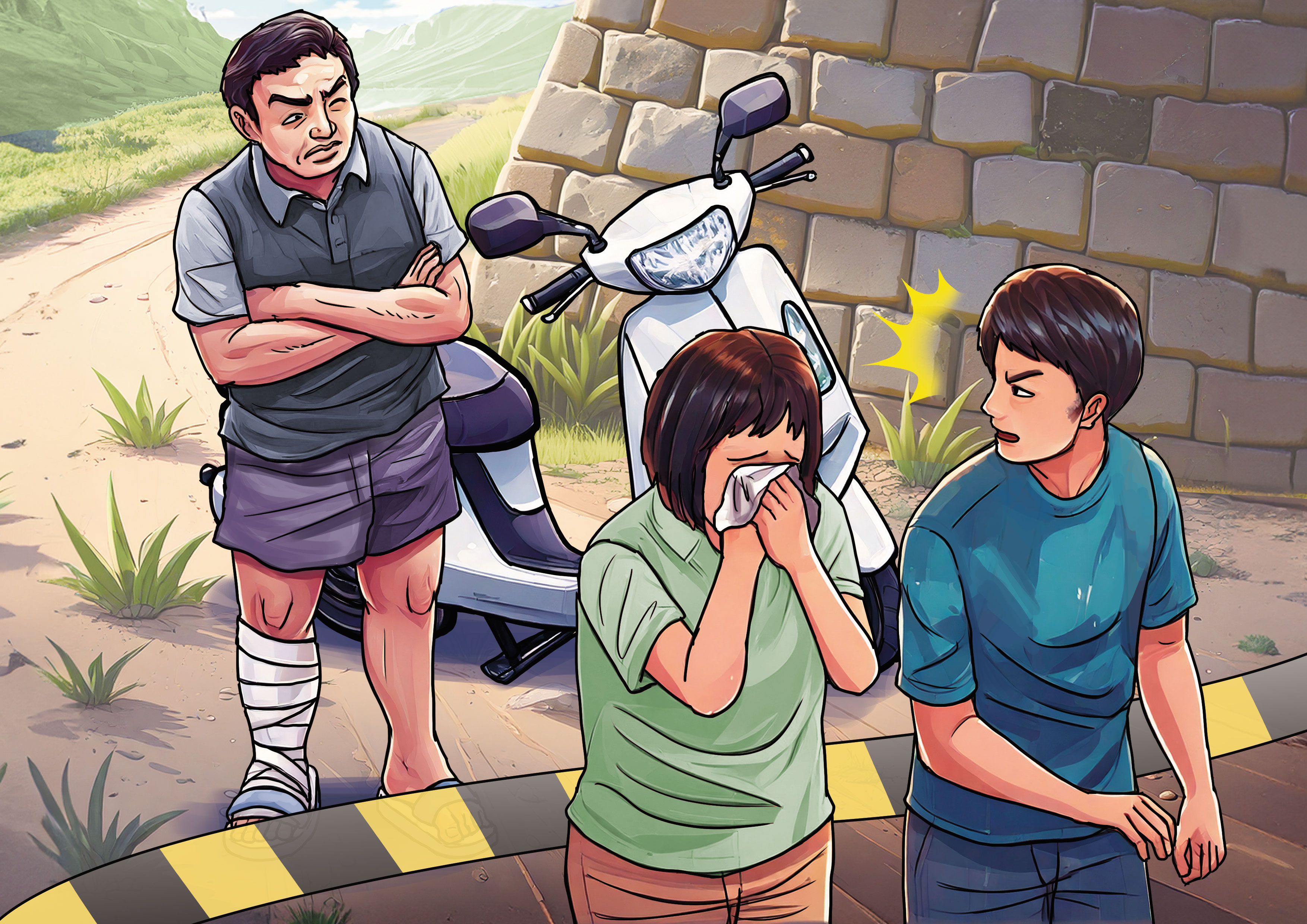 張玉庭（左）重回招魂現場查看，因腿部傷勢引起死者家屬注意，通報警方。（AI繪圖Adobe Firefly生成，本刊美術組後製）