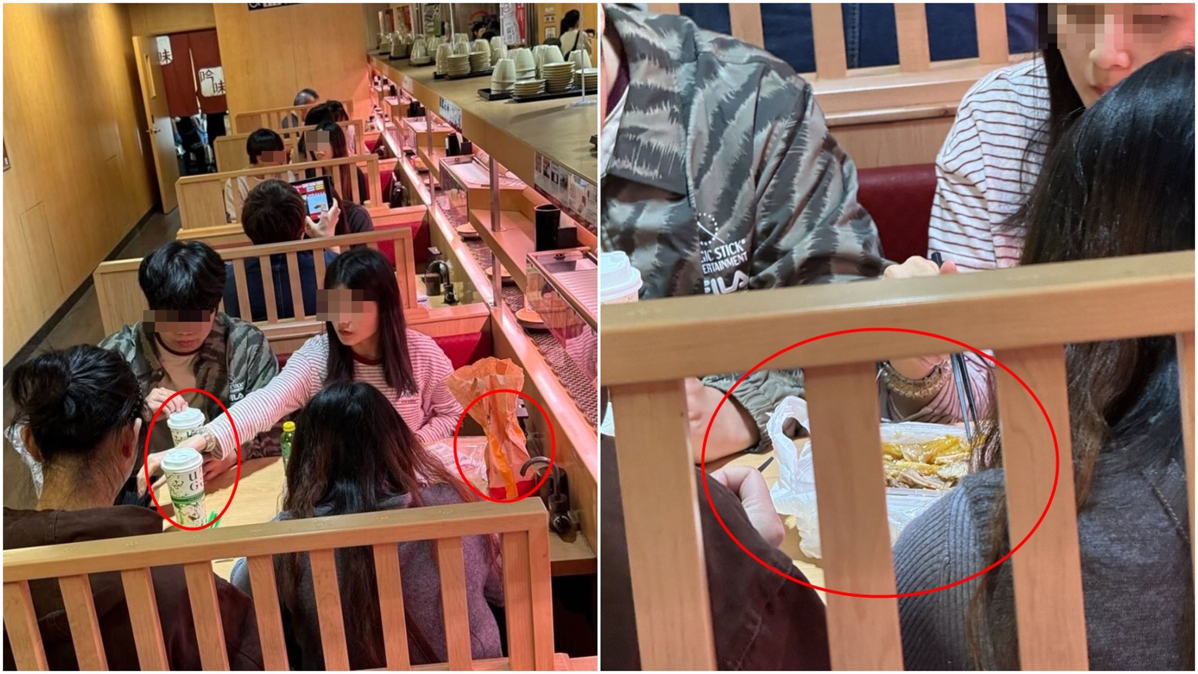 網友曝光，有疑似來自中國的4名年輕人不聽勸阻，依然故我在壽司郎吃外食。（Threads@hhhhoolly 授權提供）