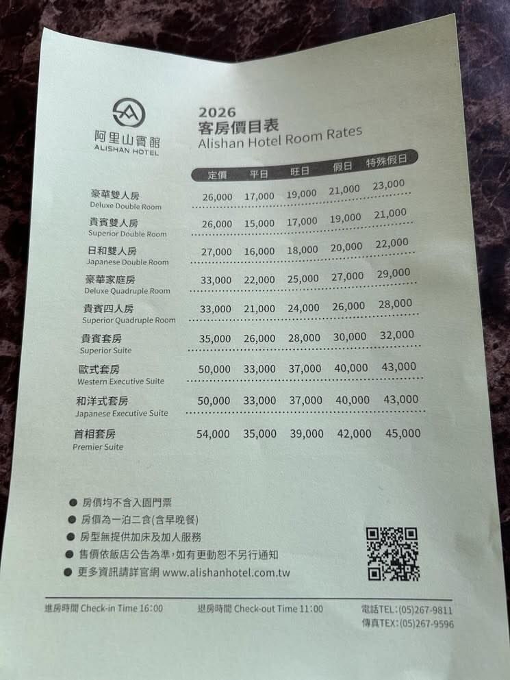 近期位於阿里山森林遊樂區的阿里山賓館，因1.5萬元起的房價掀起網友熱議。（翻攝自臉書@爆廢1公社）