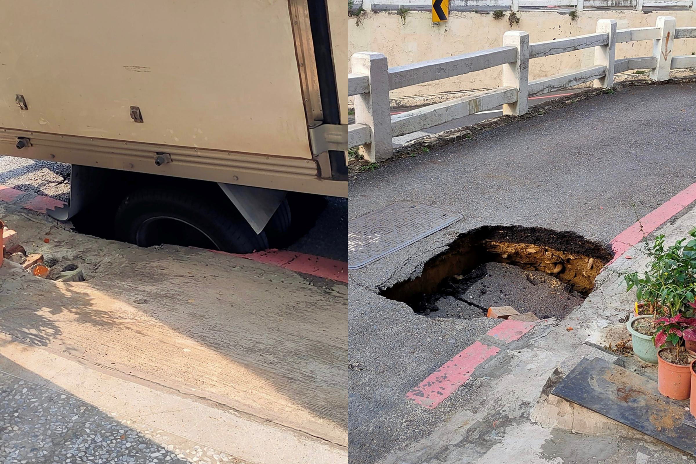 府連地下道的迴車道15日發生塌陷,一輛貨車短暫受困。(翻攝自臉書「台南府城大小事」)