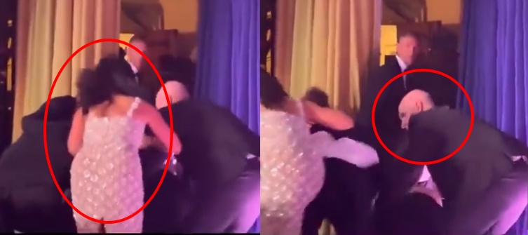 白宮晚宴驚傳槍響，撤離途中影片曝光，記者協會主席姜偉嘉（白色亮片衣服）硬擠特勤保護圈，不慎從後方撞倒川普。（翻攝自X@RDog861）