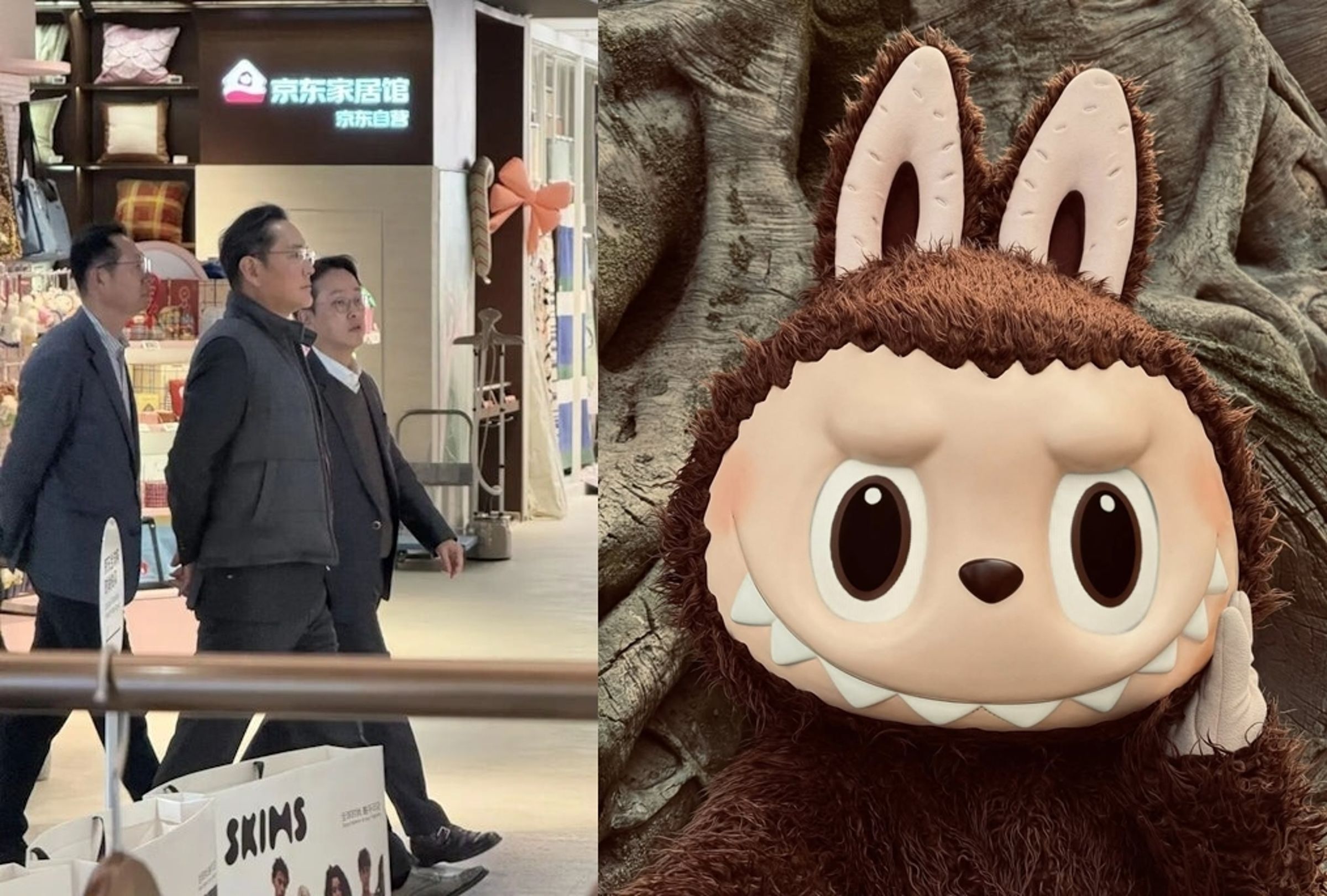 網傳三星電子會長李在鎔一口氣「掃貨」100隻時下最夯的潮玩玩偶Labubu,結果被官方聲明打臉。(左翻攝自網路;右翻攝自Labubu IG)