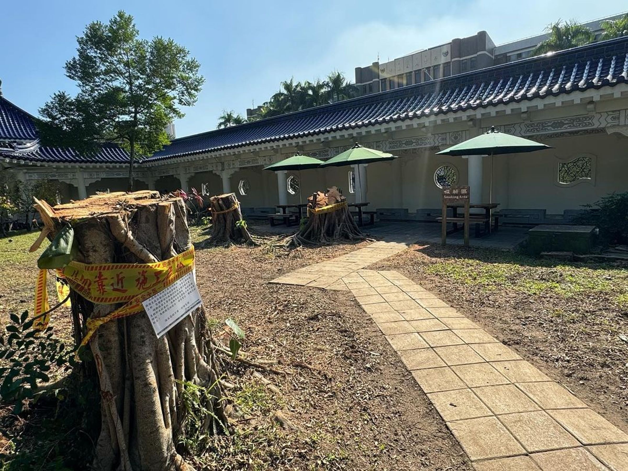 邰智源砲轟北市府為了設置吸菸區，把中正紀念堂內的樹木砍掉。不過北市府澄清園區規劃並非北市府管轄範圍，中正紀念堂管理處則說明砍樹原因。（翻攝自邰智源IG）
