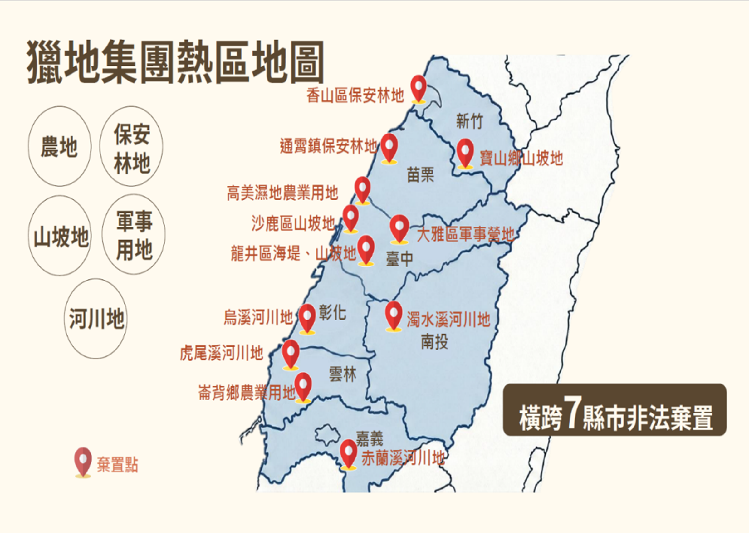 非法棄置地點遍及新竹、苗栗、臺中、彰化、南投、雲林、嘉義等至少7縣市，整體犯罪產業鏈橫跨12縣市。（台中地檢署提供）