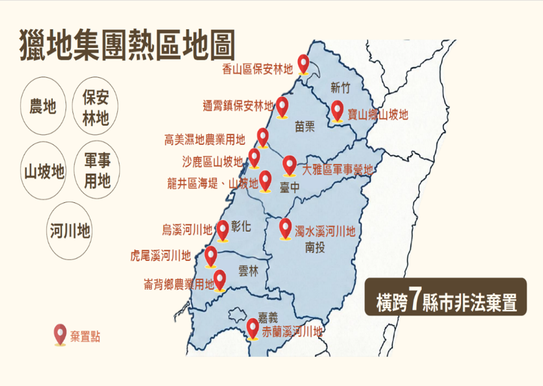 非法棄置地點遍及新竹、苗栗、臺中、彰化、南投、雲林、嘉義等至少7縣市，整體犯罪產業鏈橫跨12縣市。（台中地檢署提供）