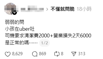 網友好奇在Uber吐了要賠多少才正常？眾人紛紛留言分享自身經驗。（翻攝自Threads）