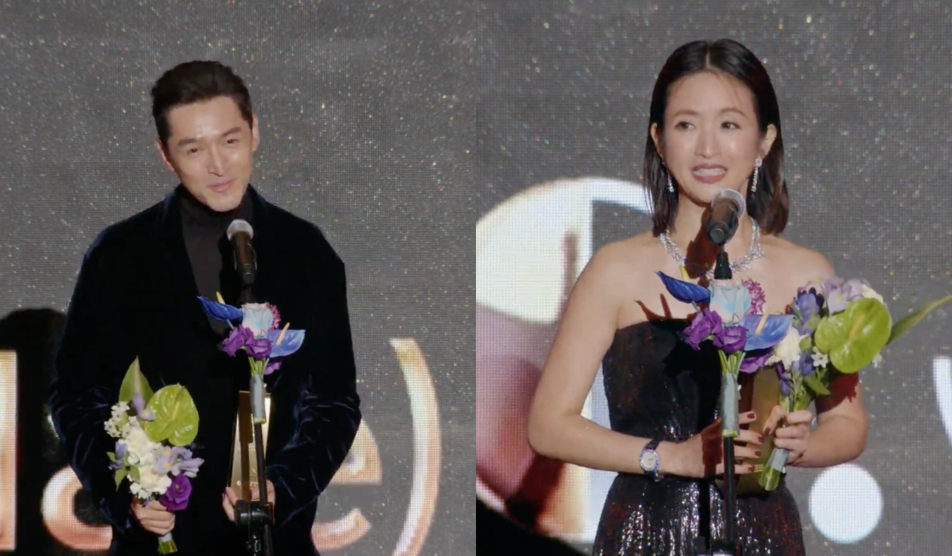 林依晨（右）與胡歌（左）獲得2024亞洲內容及全球OTT大獎最佳女、男主角獎。（合成圖片，翻攝自釜山電影節YT）