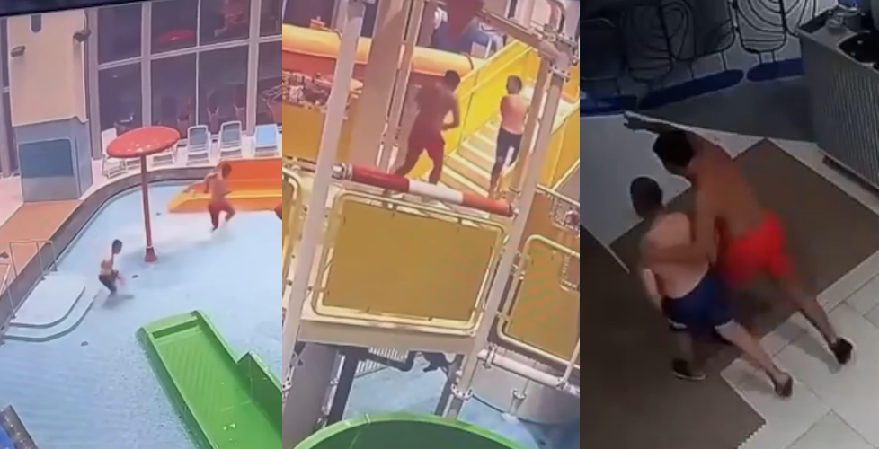 監視器畫面中，父子倆在水上樂園開心玩水，互動十分有愛。（翻攝自dailymail）