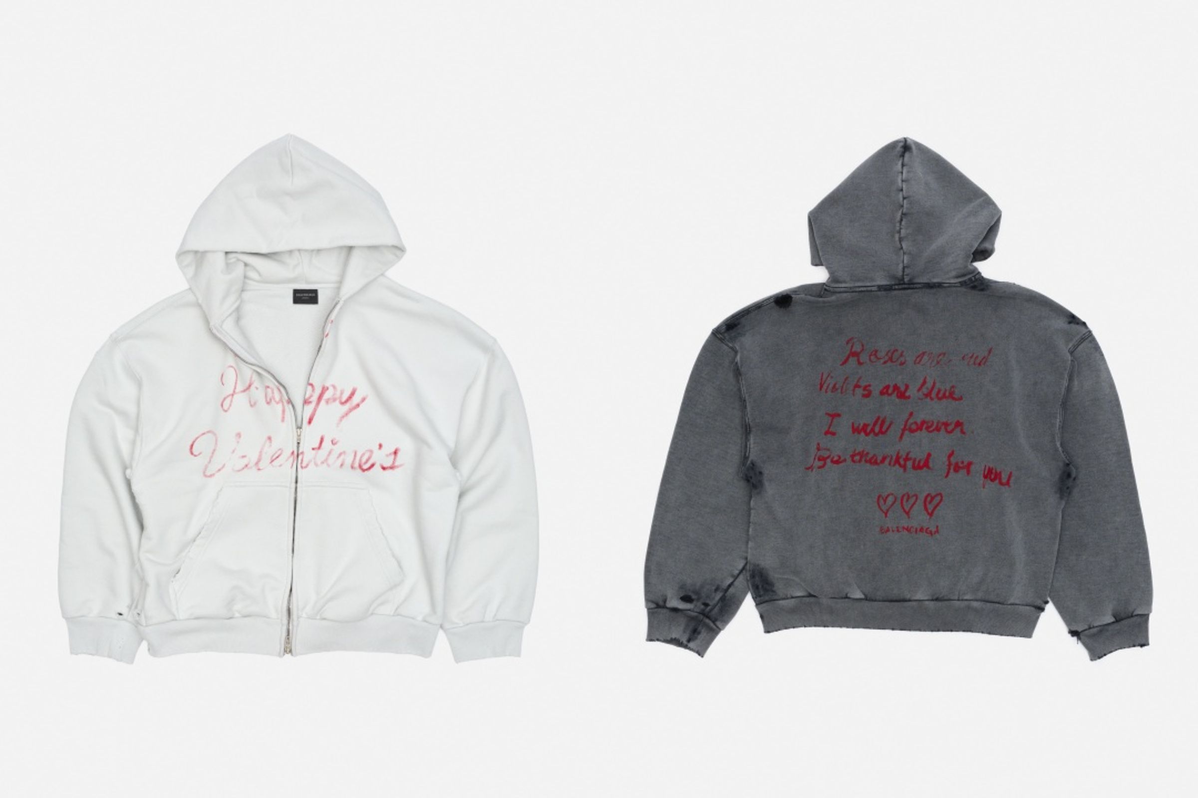 BALENCIAGA情人節限定系列拉鍊連帽外套共有黑白兩色，經過特殊做舊處理。各NT$39,000（BALENCIAGA提供）