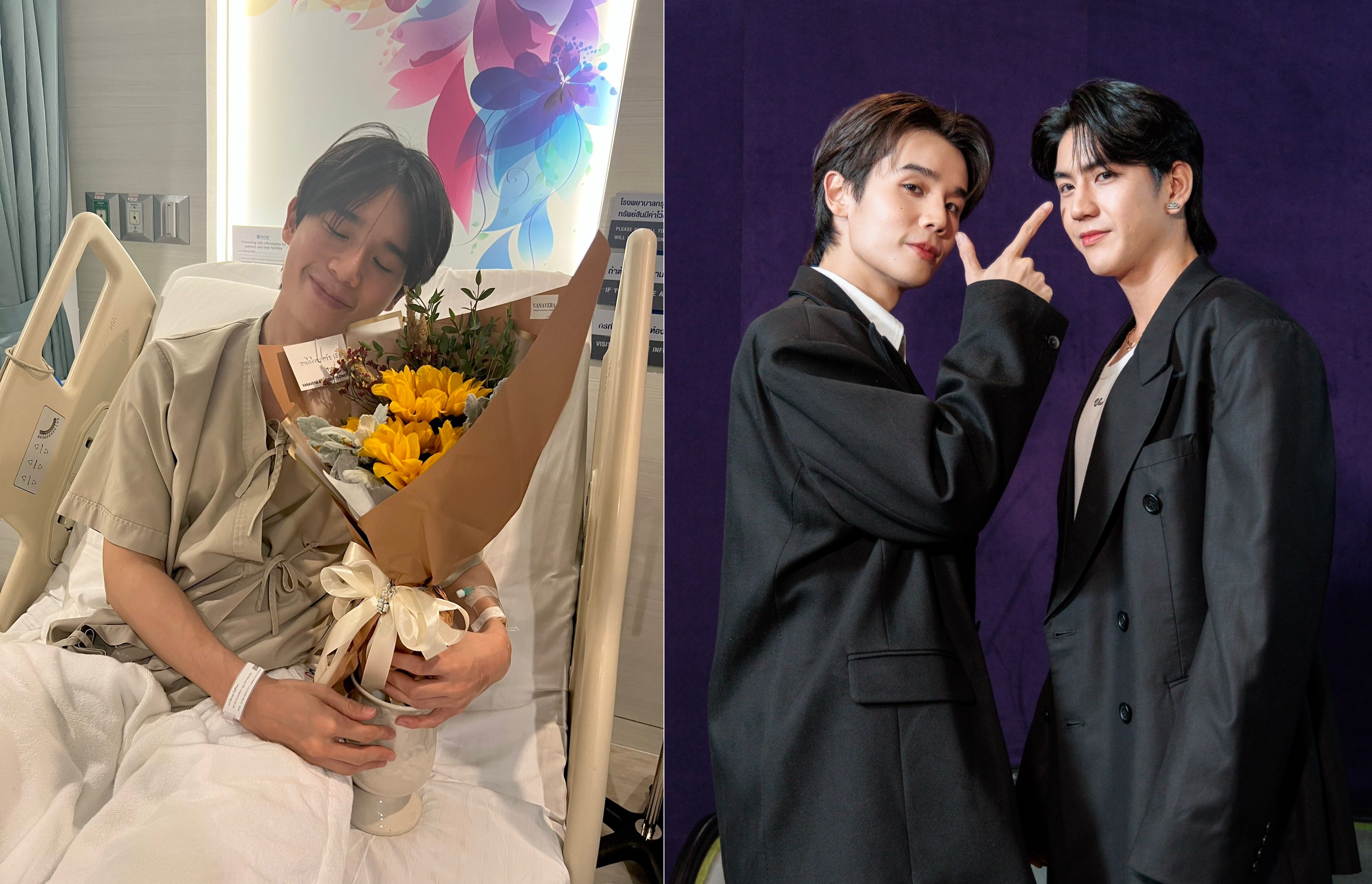 泰星Jimmy跨年時生病住院,Sea人未到但送上花禮和卡片慰問,也透過視訊交談。(左翻攝 Jimmy X、右無限娛樂提供)