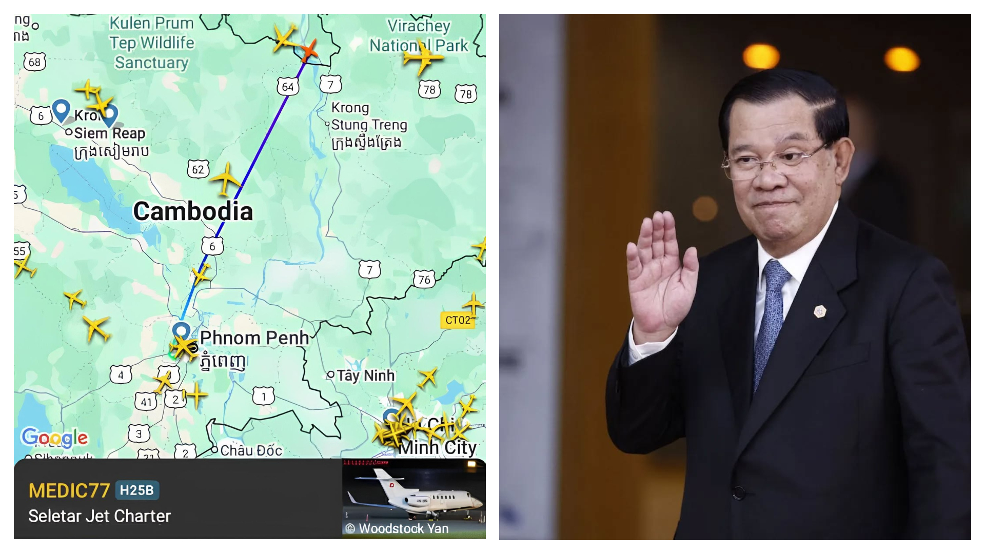 柬埔寨前總理洪森驚爆在國家重要時刻，卻已搭機離開金邊。（翻攝自臉書@Army Military Force - สำรอง）