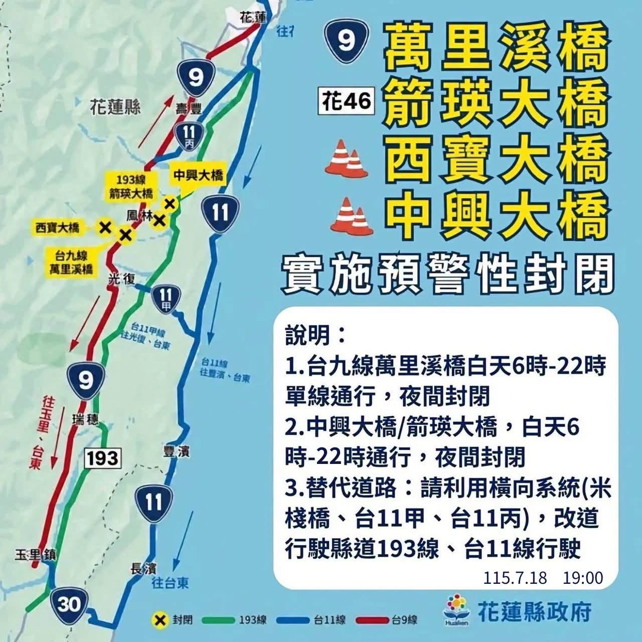 花蓮縣政府同步公布最新交通管制措施,部分橋梁持續預警性封閉。(翻攝自花蓮縣政府臉書)