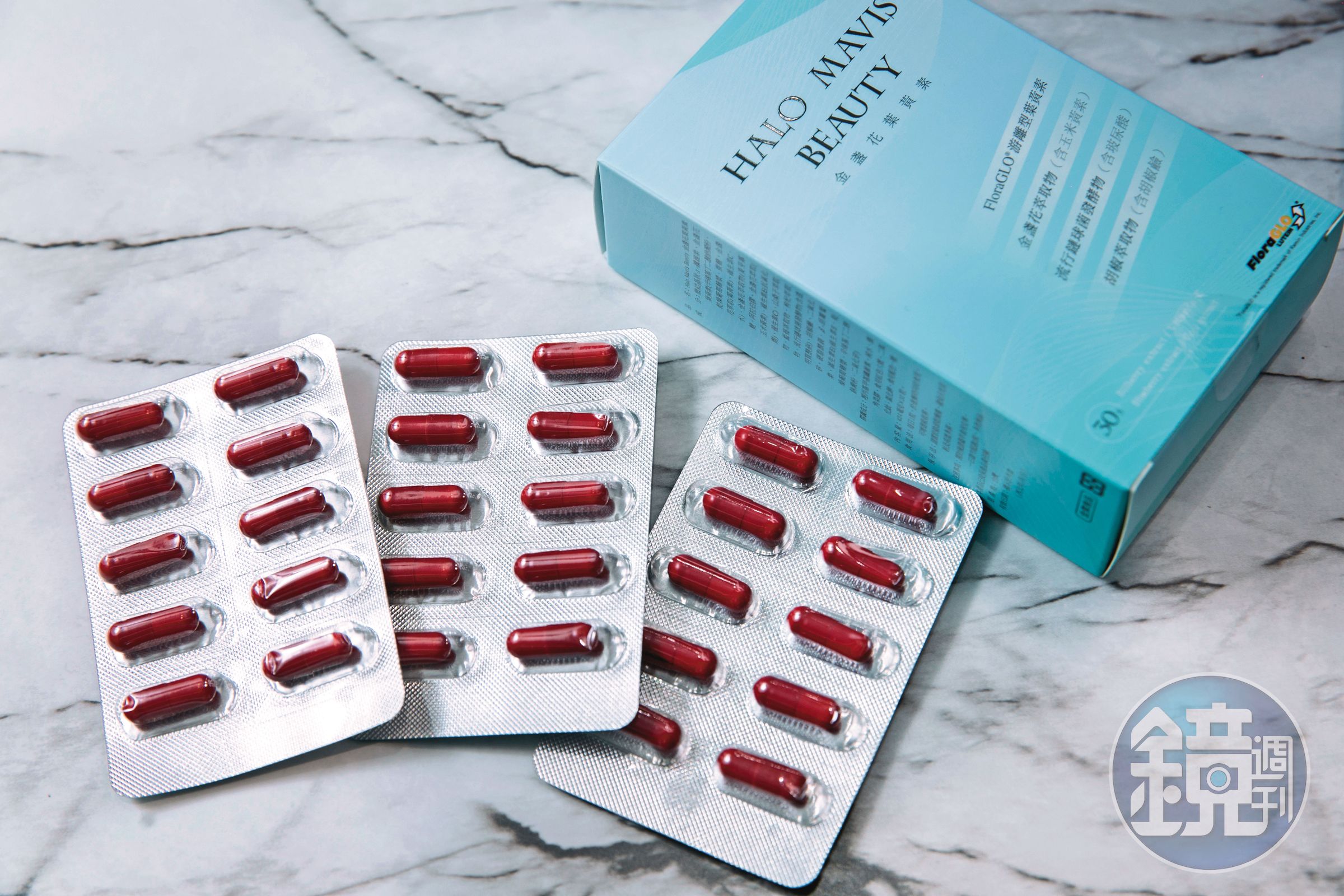 保健品為瑪菲司下階段主力商品，梁羽推出自有品牌葉黃素，上萬盒一販售就被搶購一空。（688元／盒）