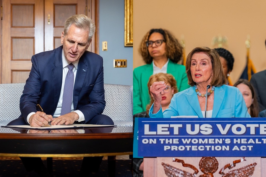 美國眾議院議長麥卡錫（左）日前遭罷免下台，不過傳隨後他就為了報復將前任議長裴洛西（右）趕出辦公室。（翻攝自@SpeakerMcCarthy、@SpeakerPelosi Twitter）