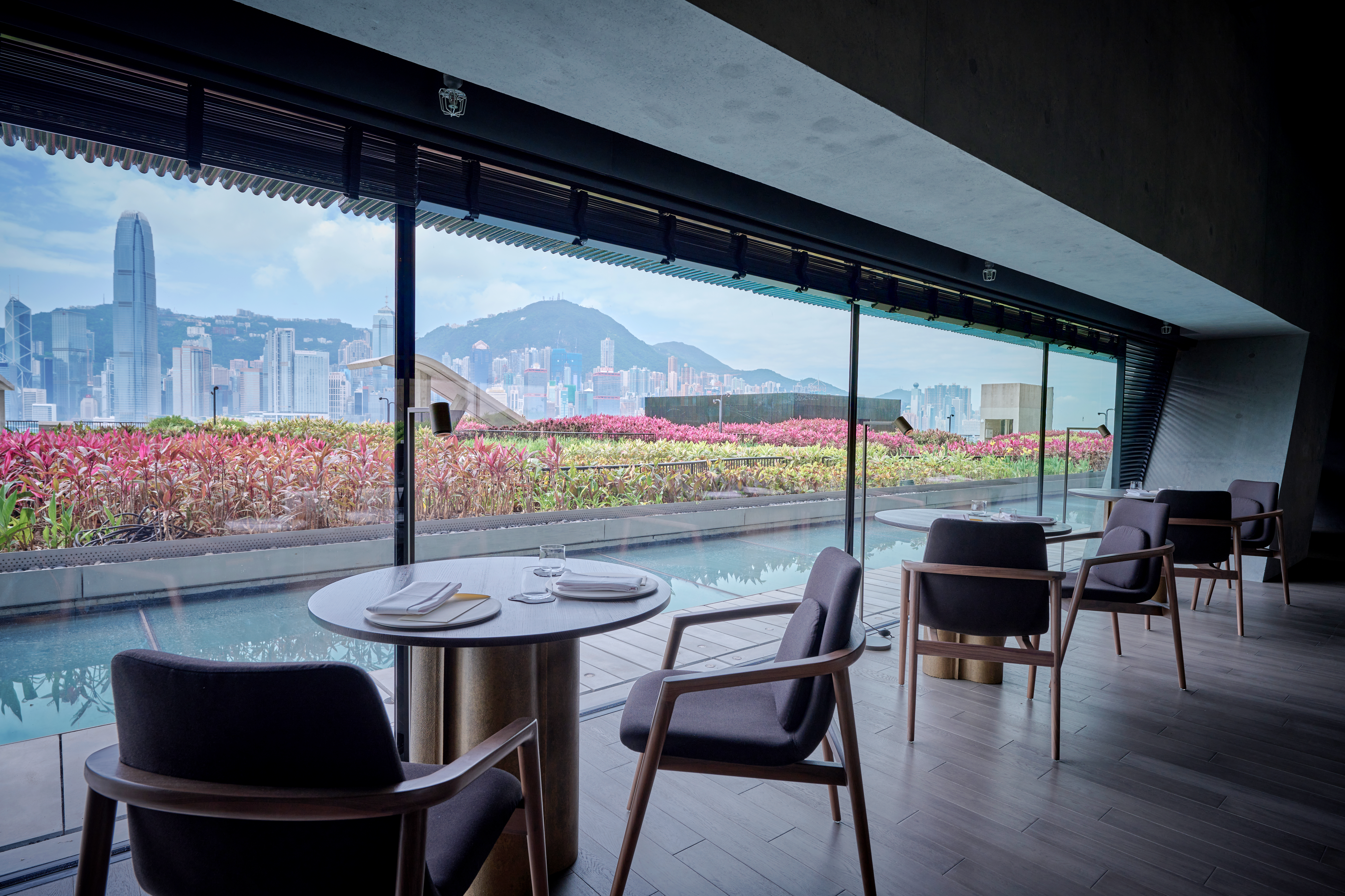 Mosu Hong Kong香港M+的天台花園,繽紛花圃後方便是香港天際線。(翻攝自Mosu Hong Kong官網)