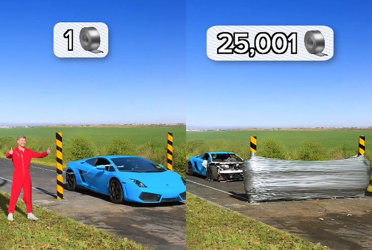 網紅MrBeast實驗用膠帶牆阻擋藍寶堅尼跑車，影片吸引上億網友觀看。（翻攝YT頻道「MrBeast」）