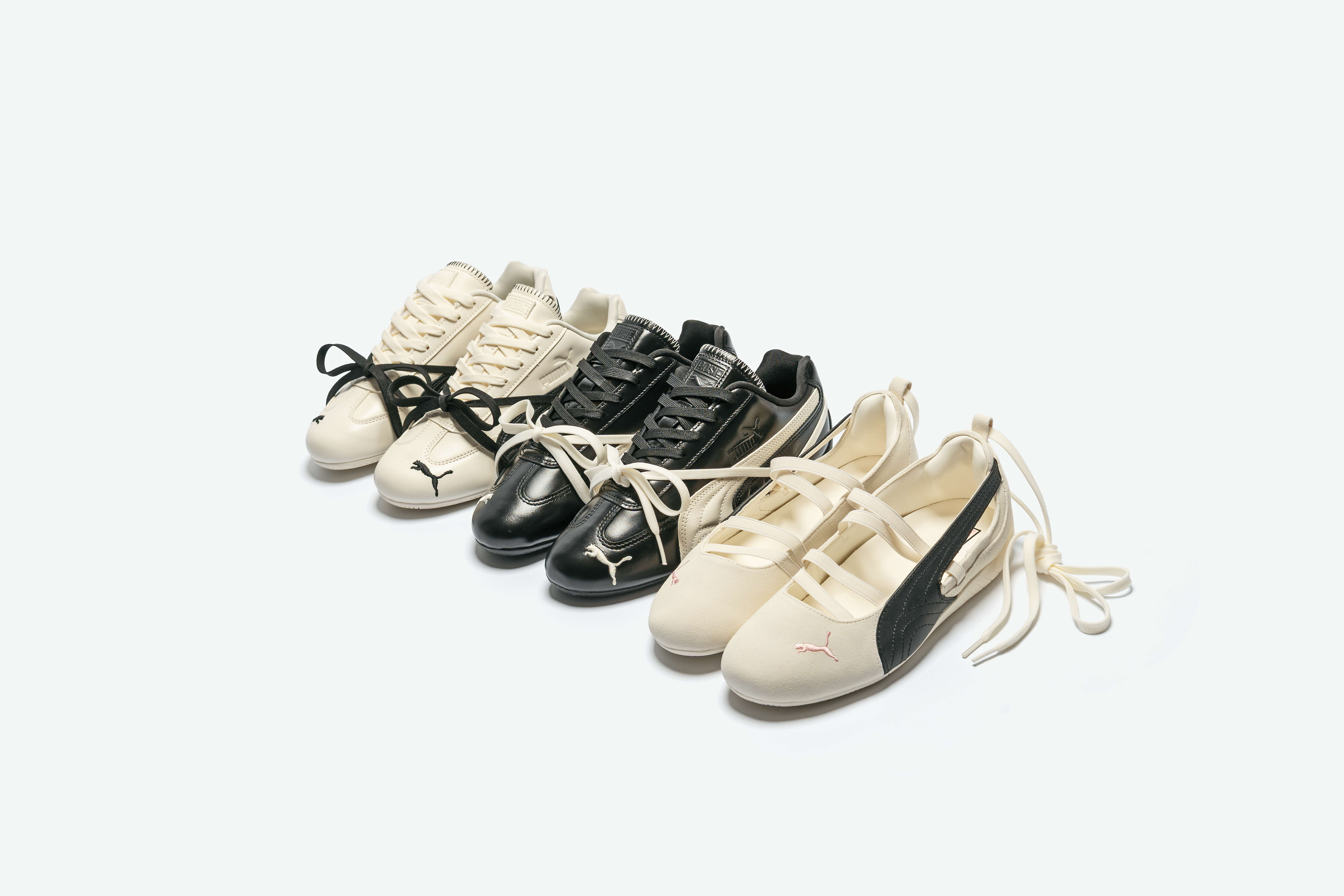 PUMA x ROSÉ 聯名系列Speedcat x ROSÉ鞋款 NT$3,680(左、中)、Speedcat Ballet x ROSÉ NT$2,780(右)。(PUMA提供)