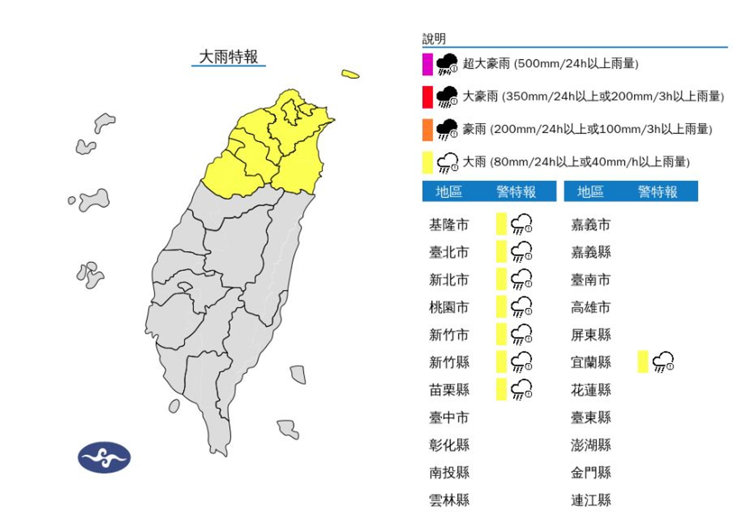 8縣市發布大雨特報。（氣象署提供）
